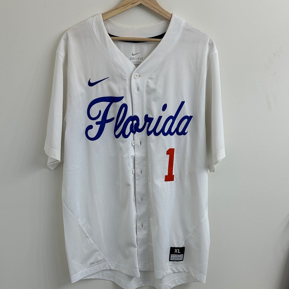 Florida Gators Nike White Jersey with Blue Florida Script and Orange Number